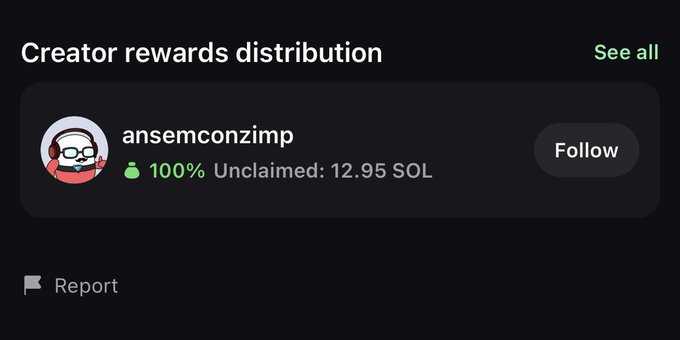 The image shows a "Creator rewards distribution" panel displaying that 100% of creator rewards from the account "ansemconzimp" are unclaimed, amounting to 12.95 SOL. The caption relates to the post by highlighting that 100% of the creator fees from this account are being redirected to another user, as indicated by the "100% Unclaimed" status shown.