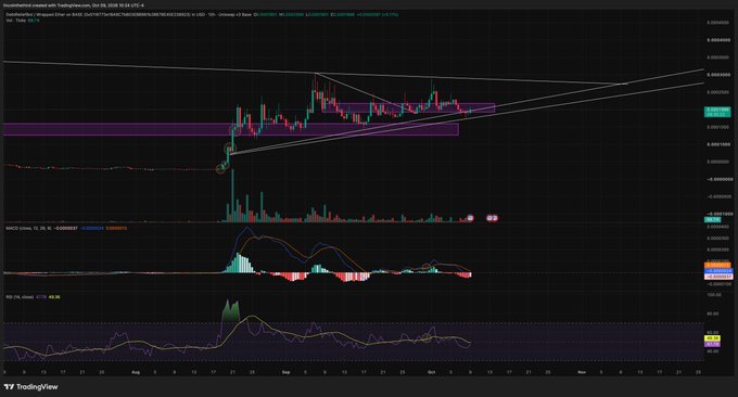 A TradingView candlestick chart showing a crypto asset price with MACD and RSI indicators on a daily timeframe across August through November.