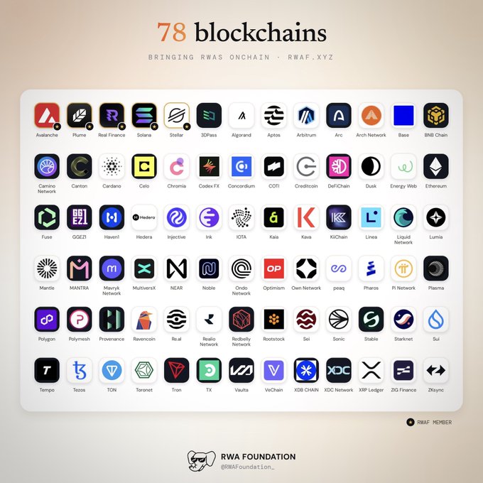 An infographic titled '78 blockchains' with the subtitle 'BRINGING RWAS ONCHAIN · RWAF.XYZ' displays a grid of 78 blockchain network logos, including Avalanche, Solana, Ethereum, and ZIG Finance, with 'RWA FOUNDATION' and '@RWAFoundation_' at the bottom.