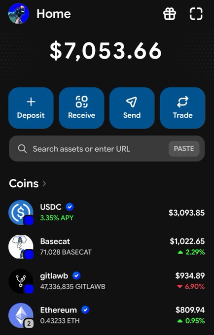A crypto wallet home screen shows a portfolio balance of $7,053.66, with Basecat (BASECAT) holdings of 71,028 tokens valued at $1,022.65 and up 2.29%, alongside USDC, gitlawb, and Ethereum holdings. The image supports the post's bullish sentiment on $BASECAT by showing the memecoin as the second-largest holding in this Base-related portfolio.