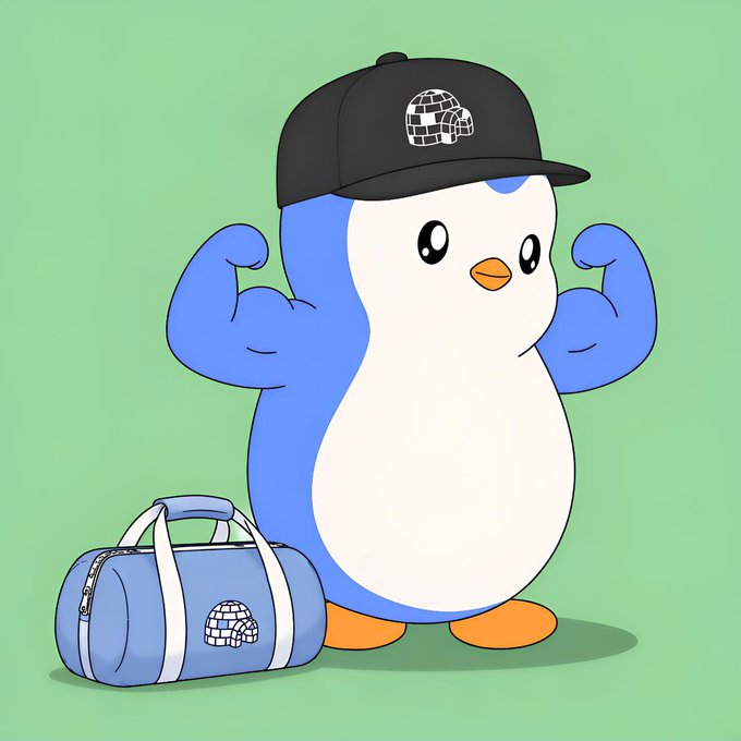Image 9: A cute cartoon penguin mascot wearing a black cap and flexing its muscles next to a blue duffel bag against a green background.