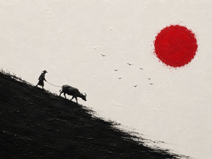A minimalist painting featuring a silhouette of a person leading an ox up a steep black hill against a stark white sky, with a textured red sun and small birds flying overhead.