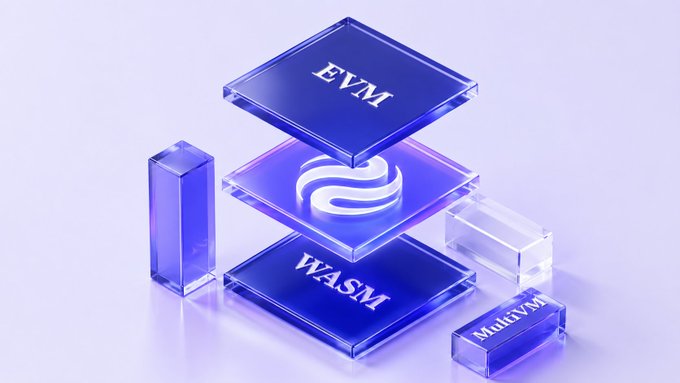 A 3D graphic showing stacked, translucent blue and purple blocks labeled 'EVM' and 'WASM' with an 'S' logo, and a smaller block reading 'MultiVM'.