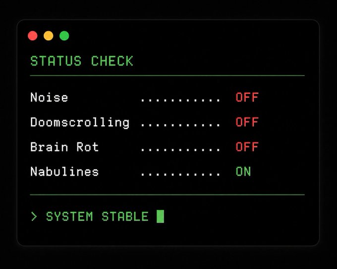 The image shows a computer screen displaying a status check for GM @nabulines morning diagnostics, with three red lights indicating that the system is off or not working properly. The text "Noise", "Doomscrolling", "Brain Rot", and "Nabulations" are also present on the screen.