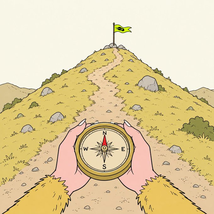An illustration shows hands holding a compass pointing north toward a green flag planted at the top of a grassy hill along a winding dirt path.