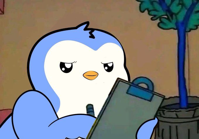 A cartoon scene from an animated show featuring a blue and white penguin-like character with half-closed, unimpressed eyes, holding a clipboard and pencil, standing next to a potted plant.