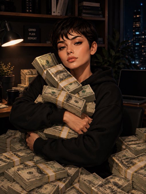 A young woman in a black hoodie embraces stacks of hundred-dollar bills, with a "GRIND PLAN REPEAT" sign and laptop visible in her nighttime office setting, visually embodying the motivational message about dreaming big and earning wealth. The image serves as a aspirational symbol of financial success, reinforcing the post's call to seize opportunities and work hard.