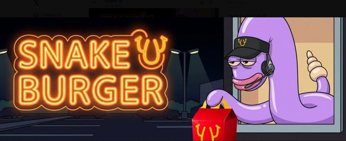 A promotional image for 'SNAKE BURGER' featuring a cartoon purple snake wearing a visor and headset, serving food from a window.