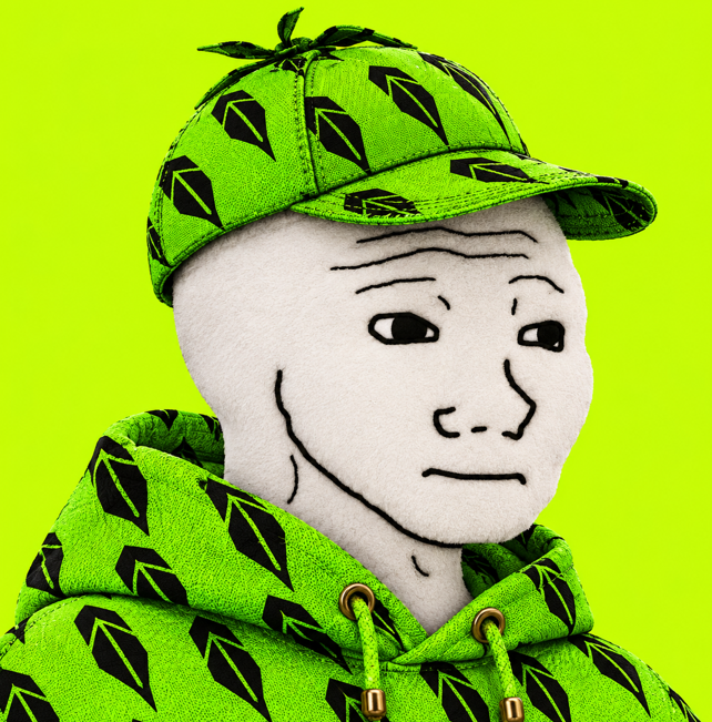 A close-up portrait of a 3D-rendered 'Wojak' character, a white-faced figure with simple line-drawn facial features, wearing a bright green hoodie and matching cap adorned with black crypto-style logos against a neon green background.