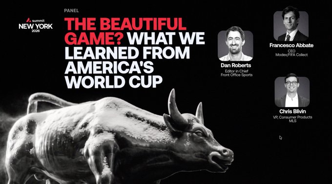 A promotional graphic for a Summit New York 2025 panel titled "THE BEAUTIFUL GAME? WHAT WE LEARNED FROM AMERICA'S WORLD CUP", featuring a silver bull statue and headshots of panelists Dan Roberts, Francesco Abbate, and Chris Blivin.
