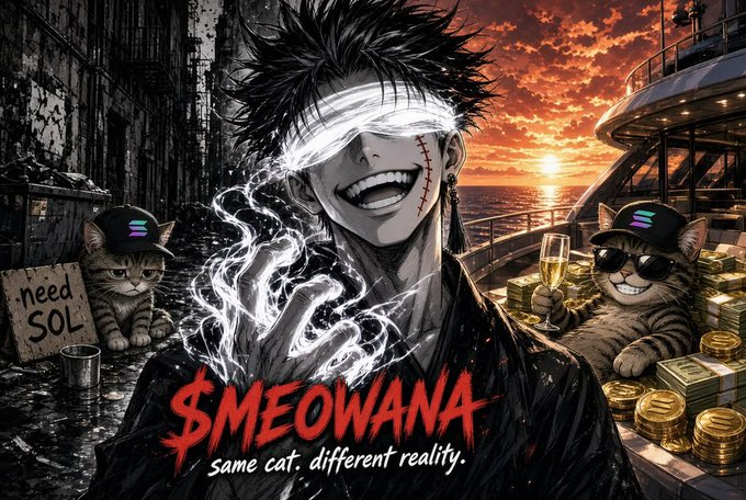 An anime-style promotional image titled '$MEOWANA' with the tagline 'same cat. different reality.' depicts a blindfolded anime character with a stitched smile, surrounded by glowing smoke, and two cats wearing baseball caps and sunglasses—one holding a 'need SOL' sign and the other lounging on stacks of gold coins next to champagne.