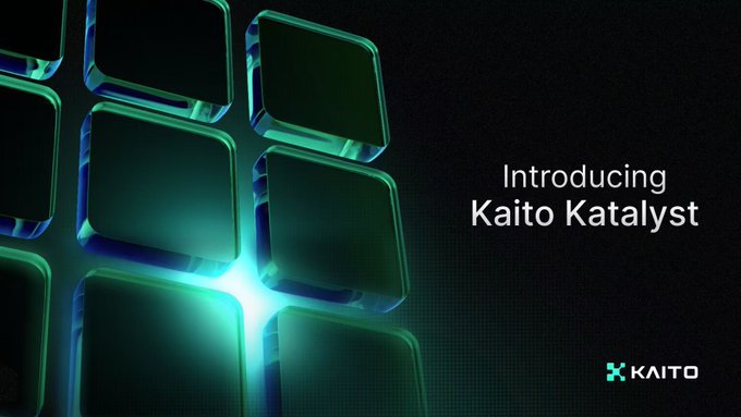 The image is a sleek promotional graphic featuring dark green and blue illuminated cubes on the left with a bright teal glow, alongside the text "Introducing Kaito Katalyst" and the KAITO logo on the right.

This visual introduces KaitoAI's new "Kaito Katalyst" feature, which the post highlights as a meaningful attempt to address creator incentive challenges—a common pain point where traditional growth strategies rely on paying KOLs for content without delivering real conversion value.