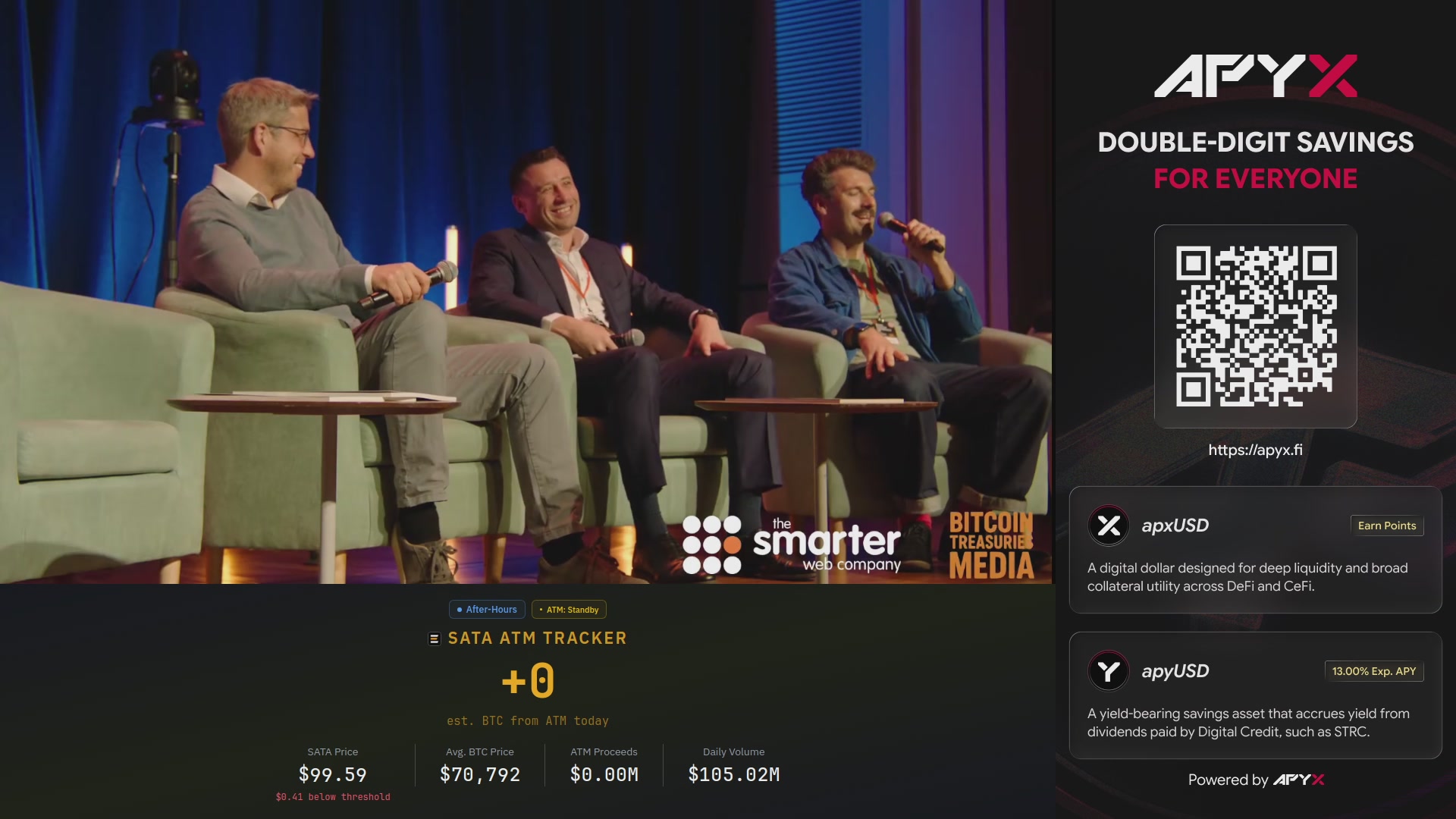 The image shows a group of three men sitting around a table, with one man holding a microphone. The background features a large screen displaying information about an upcoming conference called "ICYMI: The Bitcoin Treasuries Unconference UK". The event is scheduled for Friday in Bristol and will be held at the Strategy's office. Various speakers are expected to participate, including @SmarterWebUK, @CapitalB's @AlexandreLaizet, and @CapitalB'S @CapitalB'.