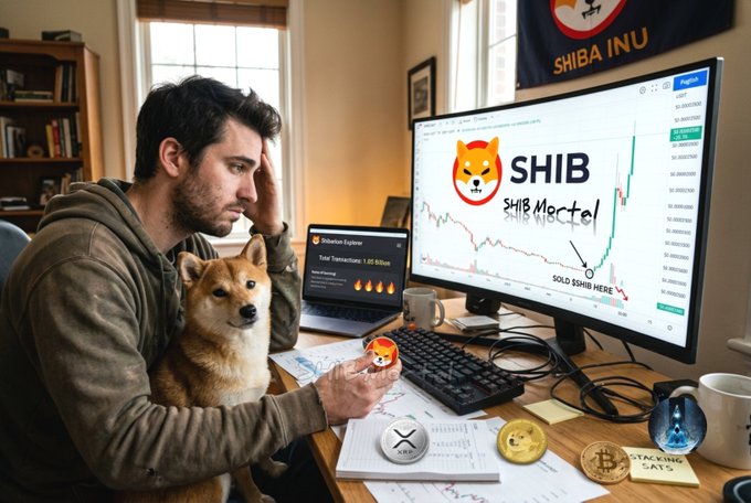 A stressed trader holds a Shiba Inu dog while staring at a monitor displaying a sharply rising "SHIB" chart labeled "SOLD SHIB HERE," with a laptop showing 1.85 billion in Shibarium Explorer transactions and props including Bitcoin and XRP coins reinforcing the post's narrative of selling SHIB at the bottom while the ShibArmy hits 1B burns.