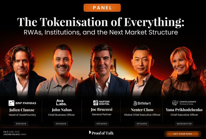 The image shows a group photo of five men wearing suits and ties standing next to each other against a dark background with orange text that reads "THE TOKENISATION OF EVERYTHING: RWA, institutions, and the Next Market Structure". The men are positioned in front of a banner that displays the names of various companies.