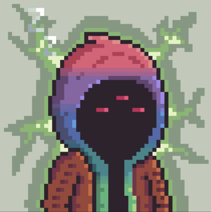 Pixel art of a mysterious figure wearing a dark mask with glowing red eyes, a red cap, and a brown jacket, with green branch-like shapes radiating behind them.