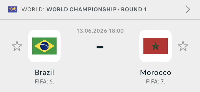 The image shows a summary of two soccer matches, one between Brazil and Morocco, with a total scoreline of 1-0 in favor of Brazil. The match dates are scheduled for 13:06 (6:06) and 18:00 (9:00). The post has a link to the match data where you can find more details about the teams and their performances.