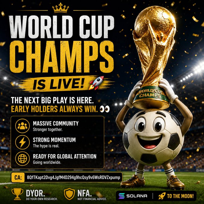 The image features a large World Cup trophy, which is being held by a soccer player dressed as a character from the World Cup. The text "World Cup Champs is LIVE!" is displayed above the trophy, indicating that this is an advertisement for the World Cup. The poster also includes information about the World Cup and mentions a cryptocurrency called Solana.
