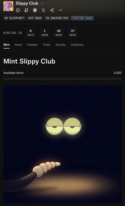 A screenshot of the 'Slippy Club' NFT minting page, showing a countdown timer (1 day, 46 mins), 5,252 available items, and a dark image of a snake with glowing eyes.
