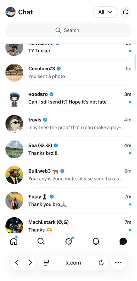 A screenshot of the X (formerly Twitter) Chat/DM interface showing recent messages from various users including 'TY Tucker', 'Cocoloco73' ("You sent a photo"), 'hoodbro' ("Can I still send it? Hope it's not late"), 'travis', 'Sea', 'Bull.web3', '£ujay', and 'Machi.stark (0,G)' with timestamps ranging from 1m to 7m.