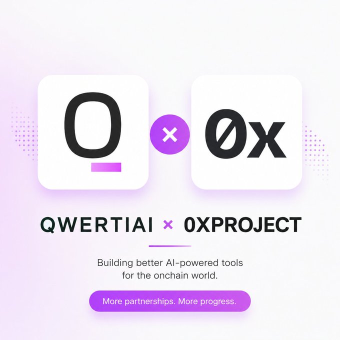 A promotional graphic for QWERTIAI × OXPROJECT featuring stylized logos on white cards with text reading 'Building better AI-powered tools for the onchain world' and a button stating 'More partnerships. More progress.'