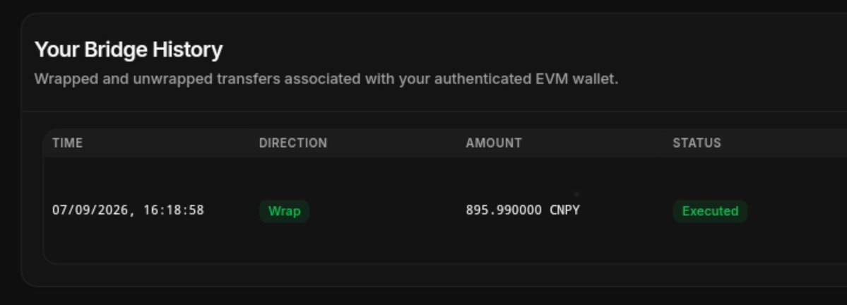 A 'Your Bridge History' interface showing a wrapped token transaction record with columns for TIME, DIRECTION, AMOUNT, and STATUS, displaying a Wrap of 895.990000 CNPY executed on 07/09/2026 at 16:18:58.
