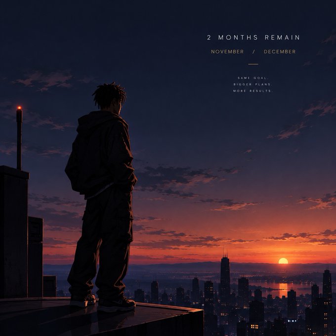 An anime-style image of a person standing on a rooftop looking out over a city at sunset, with the text '2 MONTHS REMAIN, NOVEMBER / DECEMBER' and 'SAME GOAL, BIGGER PLANS, MORE RESULTS'.