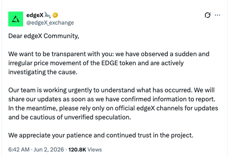 The text in the image reads "Now: EdgeX says it is actively investigating a sudden and irregular price movement in its EDGE token..." which references an investigation or a problem with the token's value. This could be related to the cryptocurrency trading platform, as indicated by the Twitter message that uses a hashtag for community support (#EdgxCommunity). The main focus of the image should be on the text within the caption itself and how it connects to the content displayed in the image.