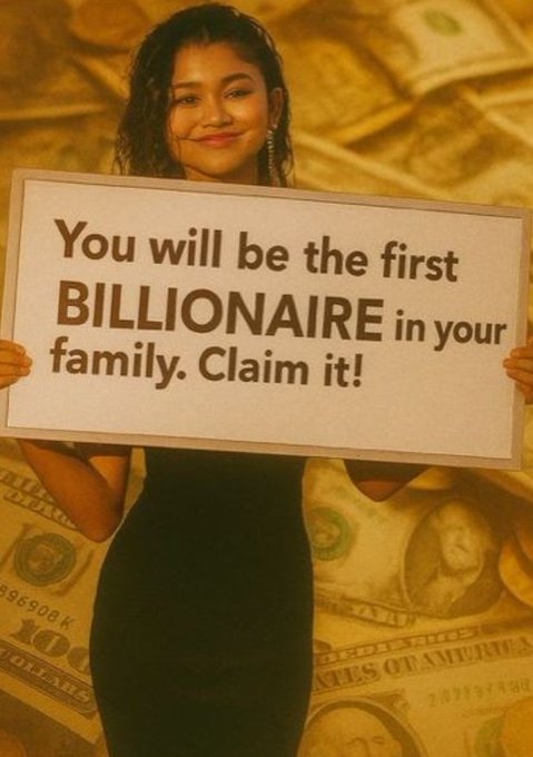 The image features a young woman standing next to a sign that reads "You will be the first Billionaire in your family. Claim it!". The background consists of money, which adds to the overall theme of wealth and success. The woman appears to be smiling, conveying a sense of happiness or excitement related to her future financial status.