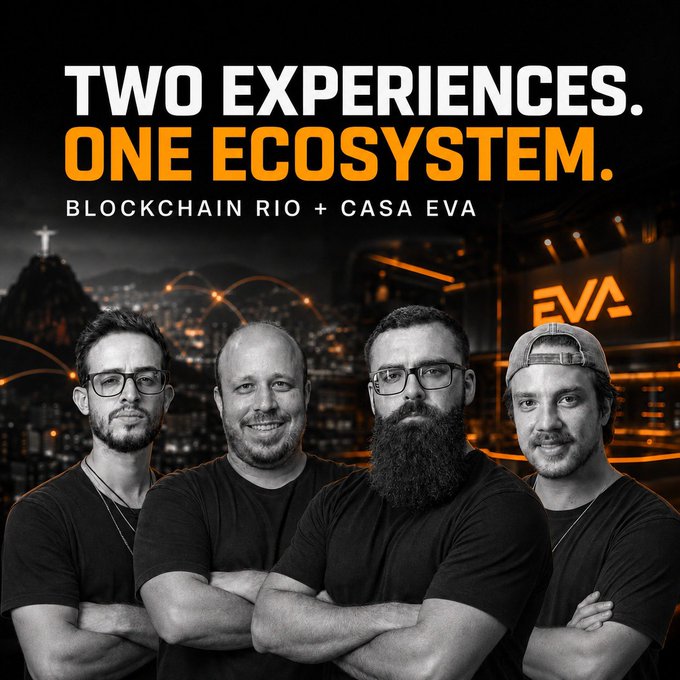 Promotional graphic reading 'TWO EXPERIENCES. ONE ECOSYSTEM. BLOCKCHAIN RIO + CASA EVA' featuring four men in black shirts with the Christ the Redeemer statue and Rio de Janeiro skyline in the background.