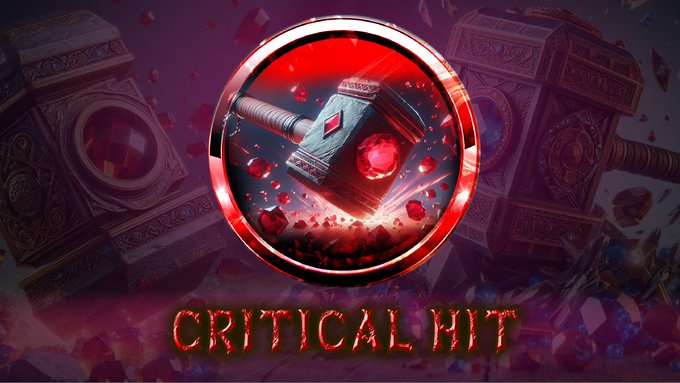 A dramatic red and black promotional graphic features a central glowing orb showcasing Thor's hammer Mjolnir embedded with a red gem, surrounded by shattered fragments and ornate hammer imagery, with bold fiery text reading "CRITICAL HIT" at the bottom—visually reinforcing the gaming event where Genesis Land holders can destroy the Genesis Gem daily to earn leaderboard points.