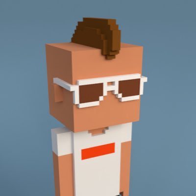 A 3D voxel-style character with brown hair, white sunglasses, and a white outfit with an orange/red accent stands against a blue background.
