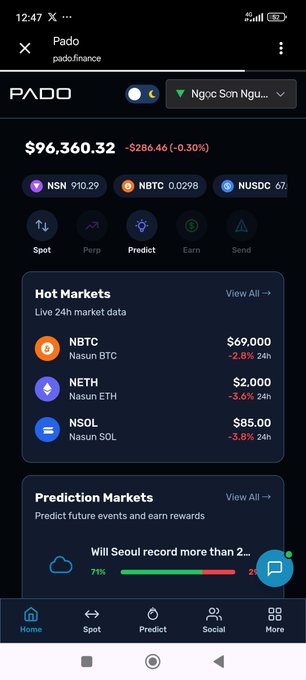 A screenshot of the Pado Finance crypto app showing a portfolio balance of $96,360.32, 'Hot Markets' data for NBTC ($69,000), NETH ($2,000), and NSOL ($85.00), plus a 'Prediction Markets' section.