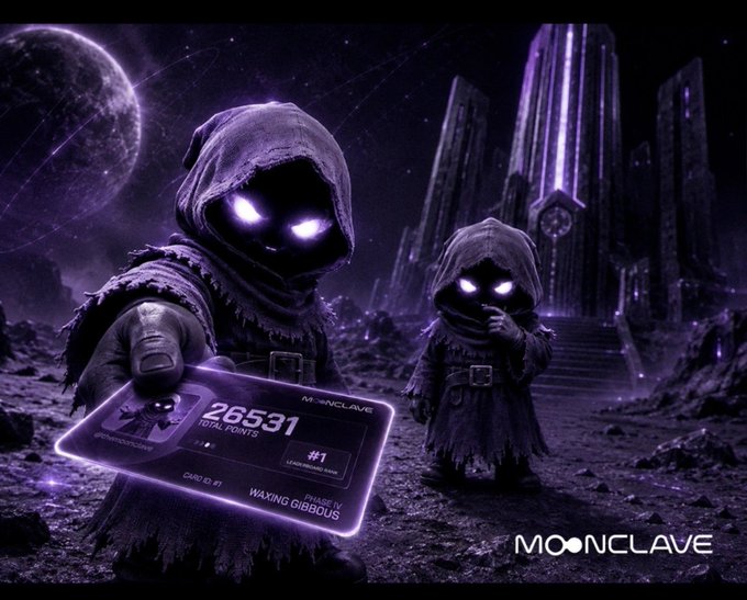 A promotional graphic for 'MOONCLAVE' featuring two hooded figures with glowing purple eyes, with one holding a card displaying '26531 Total Points' and 'Waxing Gibbous'.