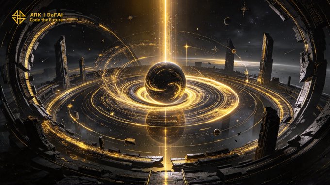 A futuristic space scene displays a dark planet orbited by glowing golden rings, featuring the "ARK | DeFAI" logo with the tagline "Code the Future" in the upper left corner.