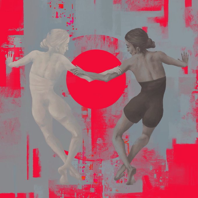 This image features a digital artwork depicting two dancers, one in light tones and one in dark tones, positioned around a large red circle against a grey and red abstract background. The art serves as a visual representation of the user's work, which they are attempting to migrate to the Mallow platform.
