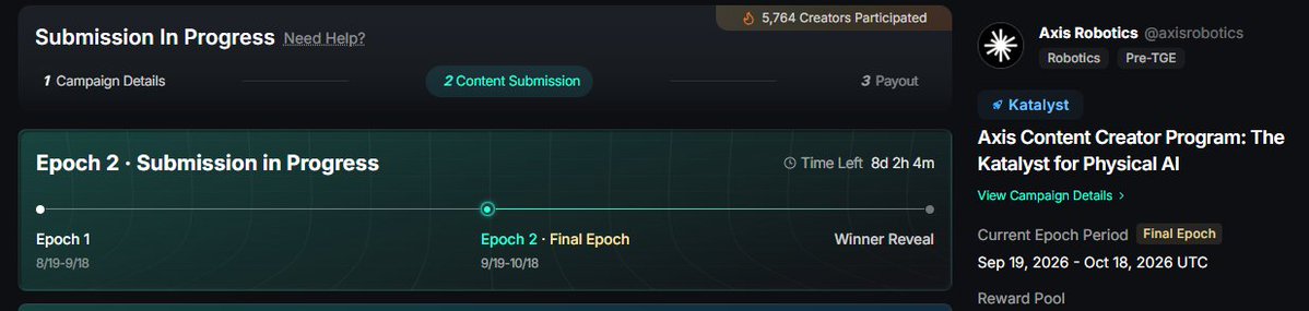 A webpage screenshot of the Katalyst program showing 'Submission In Progress' for Axis Robotics, with timeline stages Campaign Details, Content Submission, and Payout, and Epoch 2 marked as Final Epoch (Sep 19–Oct 18, 2026).