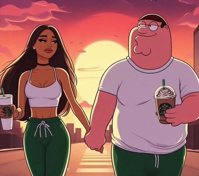 A cartoon illustration depicts Peter Griffin from Family Guy holding hands with a woman as they walk at sunset, both carrying Starbucks drinks.