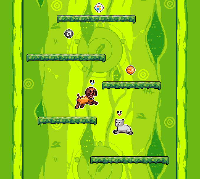 A pixel art platformer game scene featuring a brown dog labeled "P1" and a white cat labeled "P2" on green platforms in a vertical level, with collectibles including a ball, soccer ball, and coin.
