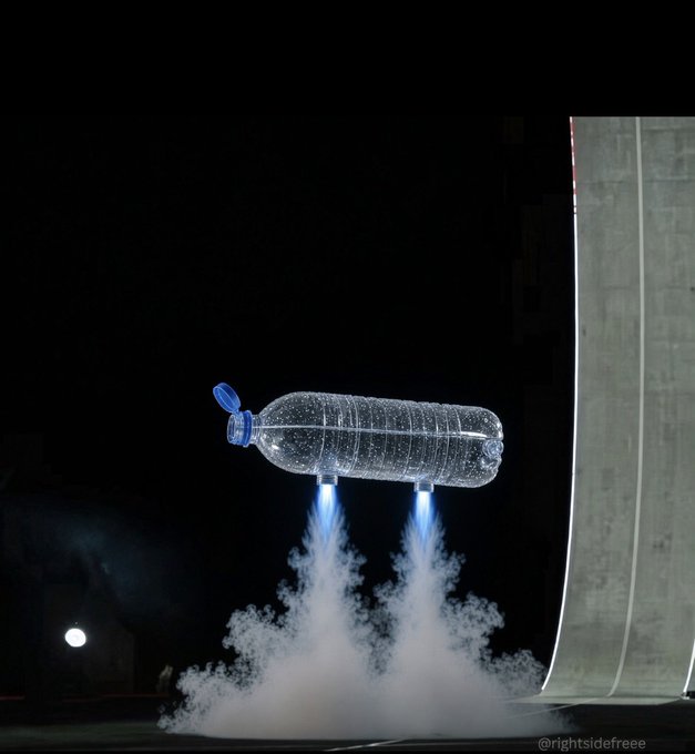 An artistic photograph shows a clear plastic water bottle with a blue cap appearing to be launched into the air like a rocket, propelled by water jets from below that create a cloud of mist, set against a dark background with a watermark "@rightsidefree".