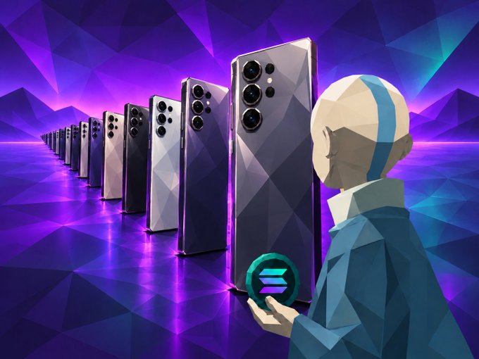 A stylized low-poly digital artwork showing a faceless figure holding a Solana (SOL) logo token, facing a long row of smartphones in a purple geometric environment.
