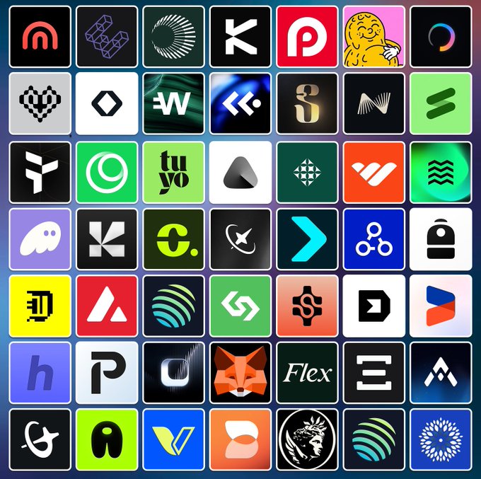 A 7x7 grid of rounded square icons featuring logos of various crypto and fintech brands—including Polkadot, Avalanche, Ethereum, Sui, Polygon, MetaMask, TON, and Flex—set against a dark gradient background. The image visually reinforces the post's argument that the crypto payments ecosystem is diverse and expanding, with numerous existing teams rather than an oversaturated market of card products.