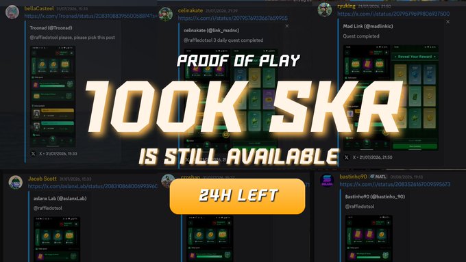 A promotional graphic with the text 'PROOF OF PLAY 100K $KR IS STILL AVAILABLE 24H LEFT' overlaid on multiple screenshots of social media posts and gaming stats.