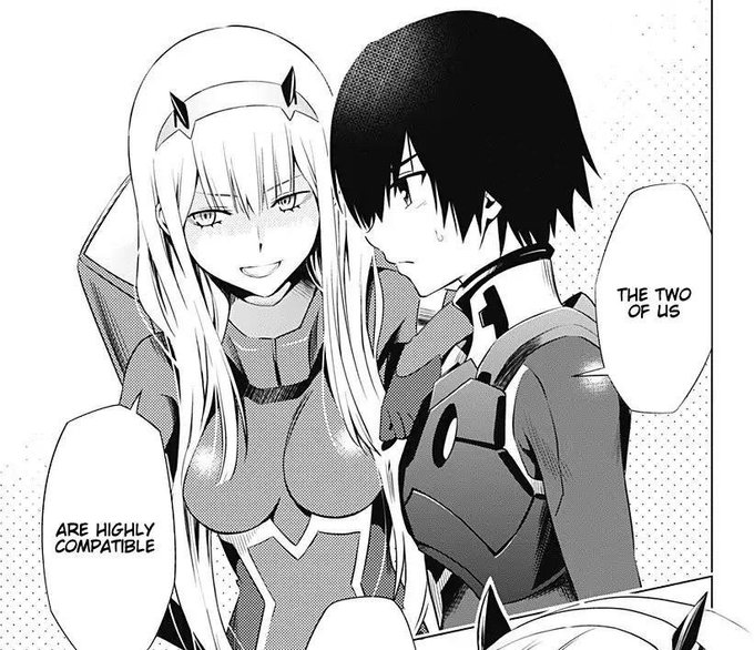 A black and white manga panel featuring a blonde-haired woman with horn-like accessories embracing a dark-haired man, with dialogue text reading "THE TWO OF US" and "ARE HIGHLY COMPATIBLE".