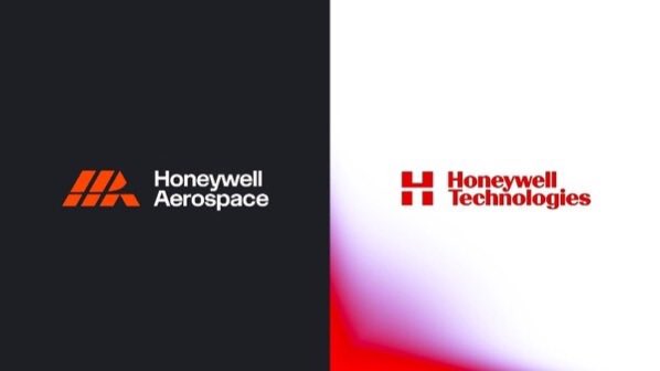 The image features a black and white logo for Honeywell Aerospace and Honeywell Technologies, both placed side by side with their respective companies' names written below them. The logos are positioned at different angles, creating an interesting visual effect that draws attention to each company's name.