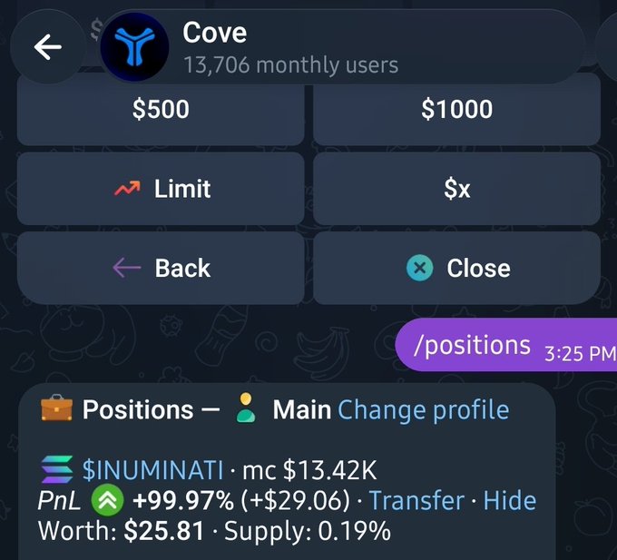 A Telegram bot interface for 'Cove' shows trading options like $500, $1000, Limit, and $x, with a position open for $INUMINATI showing a +99.97% PnL gain.