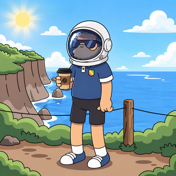 A cartoon illustration of a character wearing an astronaut helmet and sunglasses, holding a coffee cup while standing on a cliff overlooking the ocean.