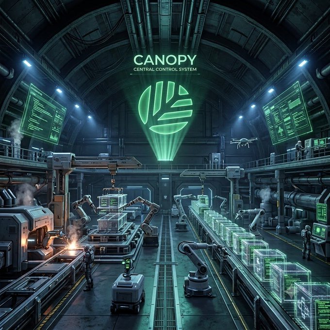 A futuristic industrial control hub labeled "CANOPY CENTRAL CONTROL SYSTEM" features robotic arms assembling glowing green holographic crates along assembly lines, with workers and drones overseeing operations. The image visually reinforces the post's theme of "removing friction from decisions," depicting Canopy as a streamlined central command center that efficiently orchestrates complex modular infrastructure rather than adding more layers to it.