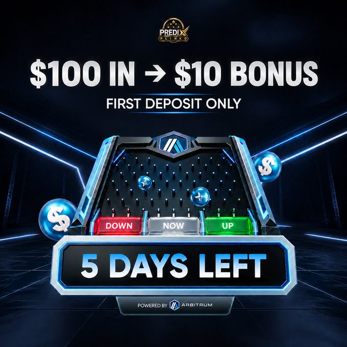 A promotional banner for 'PREDIX PLINQ' advertising '$100 IN → $10 BONUS FIRST DEPOSIT ONLY' with a Plinko-style game interface and '5 DAYS LEFT'.