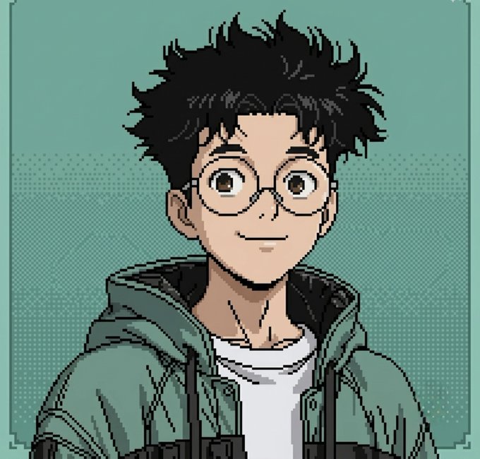 A pixel art style portrait illustration of a young man with messy black hair, round glasses, and a green jacket over a white shirt, smiling against a teal background.